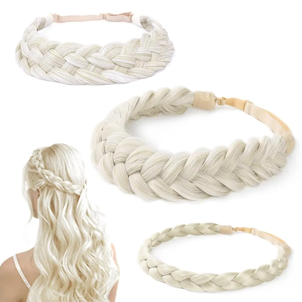 Hann 3 Pieces 5 Strands Synthetic Hair Braided Headband Classic Chunky Wide Plaited Braids Elastic Stretch Hair Piece Women Girl Beauty accessory (White Mixed Blond)