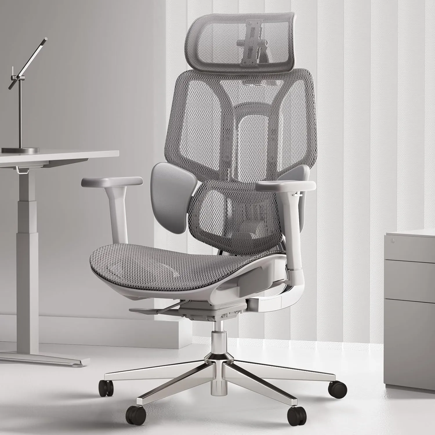 Hbada E3 Air Ergonomic Office Chair, Big and Tall Office Chair - with 3-Zone Dynamic Lumbar Support, 3D Adjustable Headrest, 3D Adjustable Armrests, Swivel, Grey(No Footrest)
