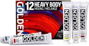 Heavy Body Acrylics by GOLDEN, Mixing Set, 12 Color, Professional Acrylic Paint
