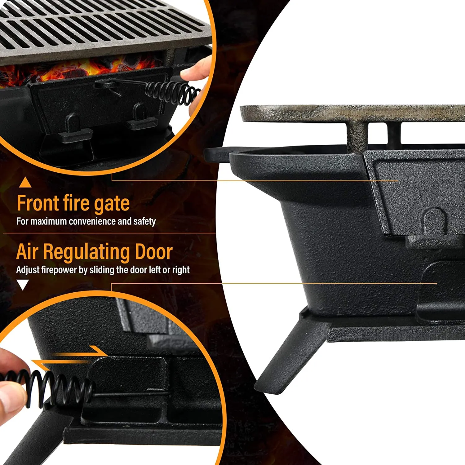 Heavy-Duty Portable Cast Iron Charcoal Grill in Black