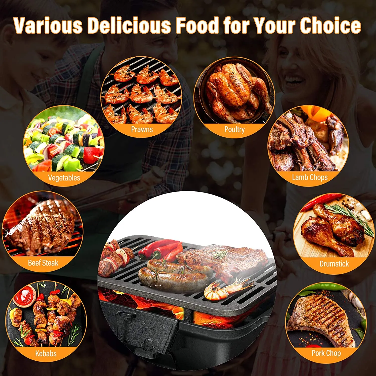 Heavy-Duty Portable Cast Iron Charcoal Grill in Black
