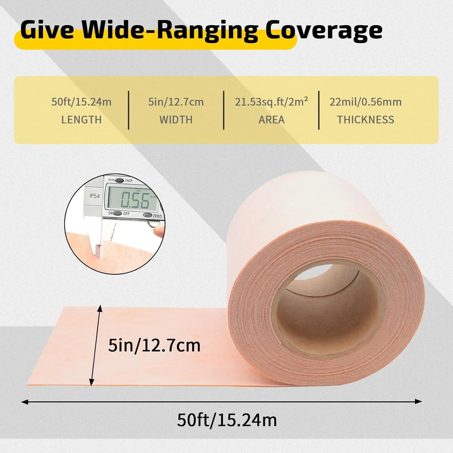 Heavy Duty Waterproof Uncoupling Membrane Roll, 22Mils Thick 5Inch x 50ft Shower Waterproof Membrane with Scissors for Tile Flooring, Shower Walls, Bathroom & Sauna | PE Waterproofing Band
