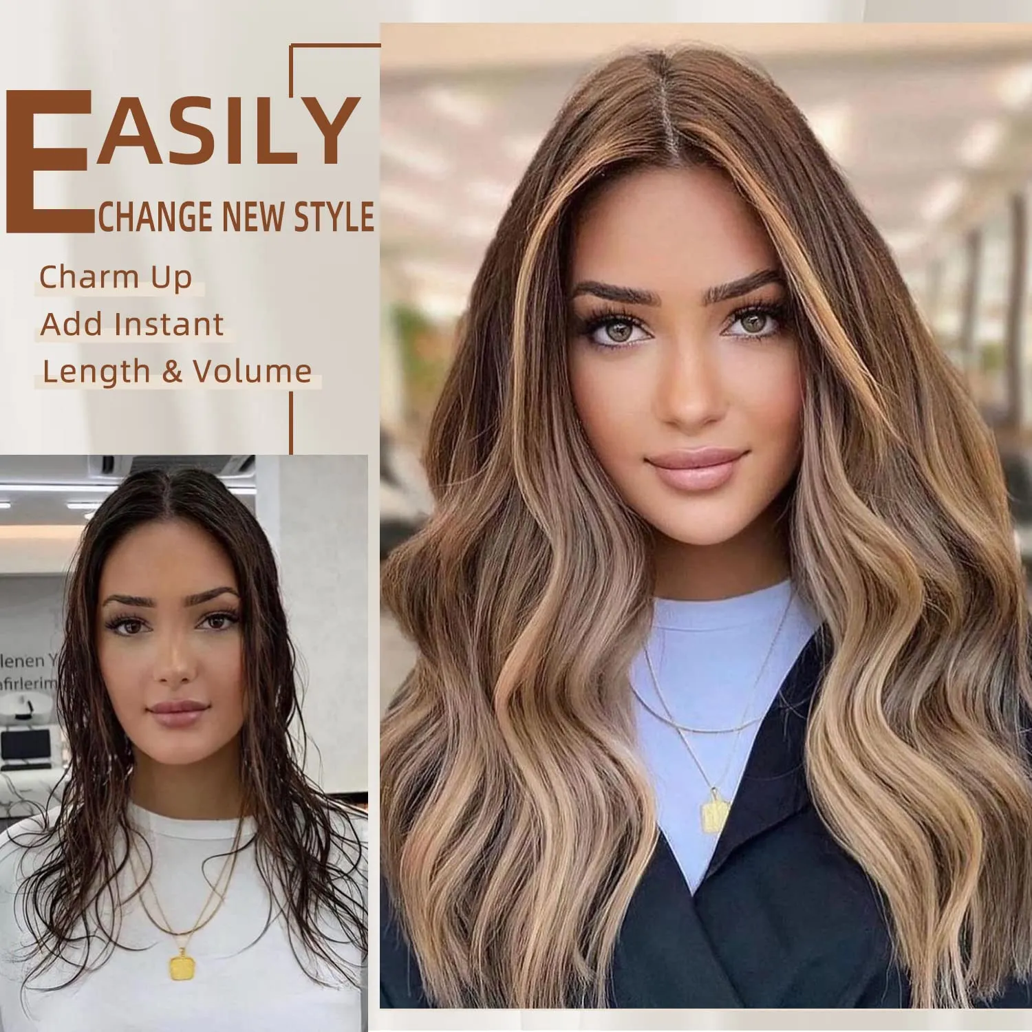 Highlight balayage dark brown Hairpieces, Natural & Blends Well Clip in Hair Extensions (16inch, 6pcs, Dark roasted coffee & Caraamel brown)