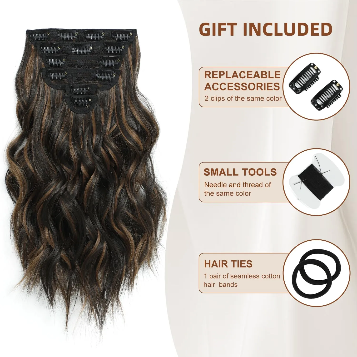Highlight balayage dark brown Hairpieces, Natural & Blends Well Clip in Hair Extensions (16inch, 6pcs, Dark roasted coffee & Caraamel brown)