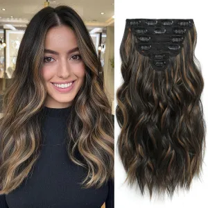 Highlight balayage dark brown Hairpieces, Natural & Blends Well Clip in Hair Extensions (16inch, 6pcs, Dark roasted coffee & Caraamel brown)