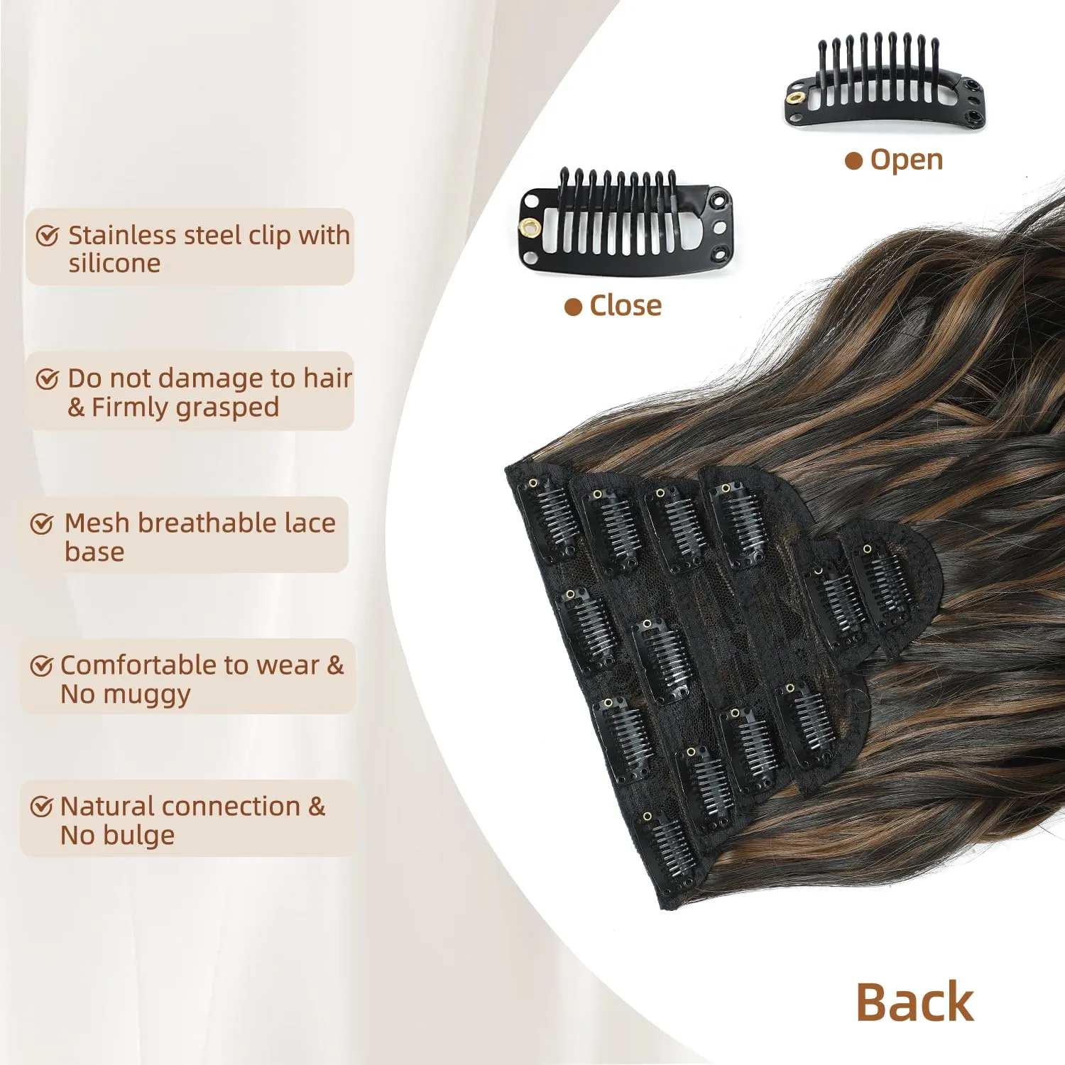 Highlight balayage dark brown Hairpieces, Natural & Blends Well Clip in Hair Extensions (16inch, 6pcs, Dark roasted coffee & Caraamel brown)