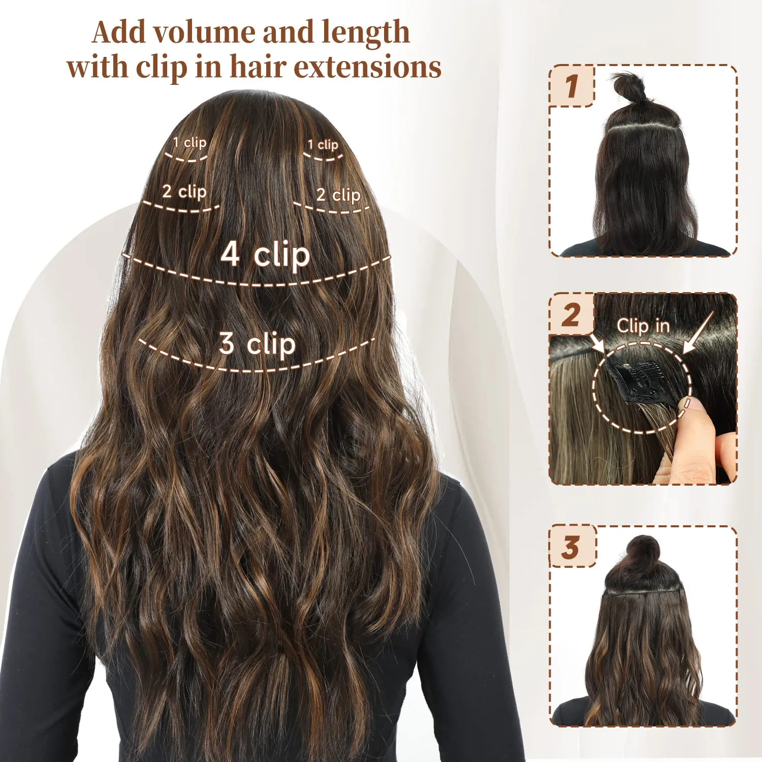 Highlight balayage dark brown Hairpieces, Natural & Blends Well Clip in Hair Extensions (16inch, 6pcs, Dark roasted coffee & Caraamel brown)