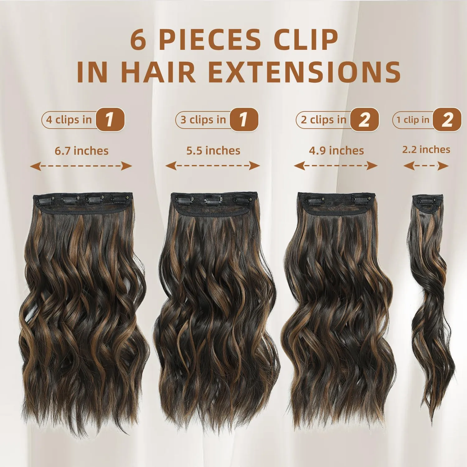 Highlight balayage dark brown Hairpieces, Natural & Blends Well Clip in Hair Extensions (16inch, 6pcs, Dark roasted coffee & Caraamel brown)