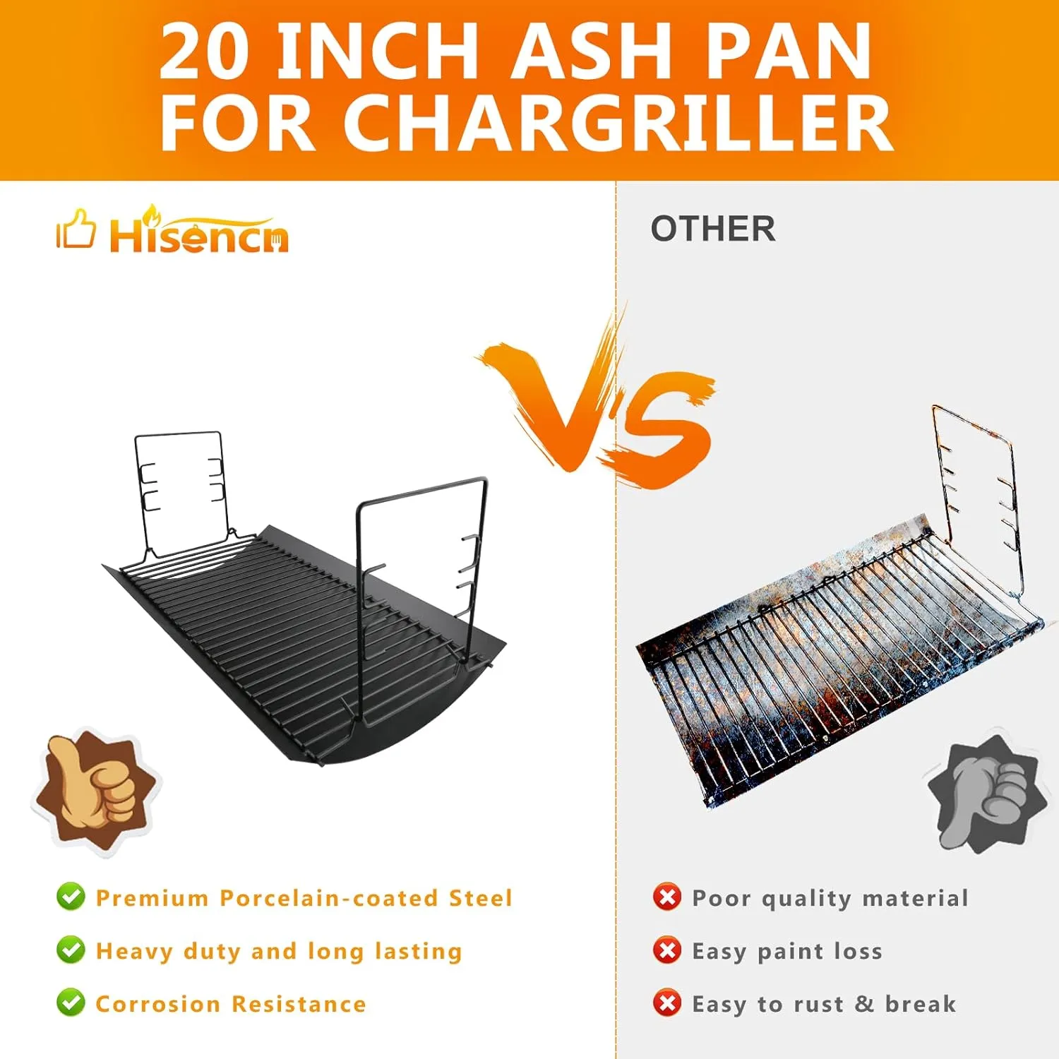 Hisencn 20 inch Ash pan for Chargriller 5050, 5072, 5650, 2123 Charcoal Grills, Char-Griller Model 200157, Replacement Part with 2pcs Fire Grate Hanger, 20" Drip Pan
