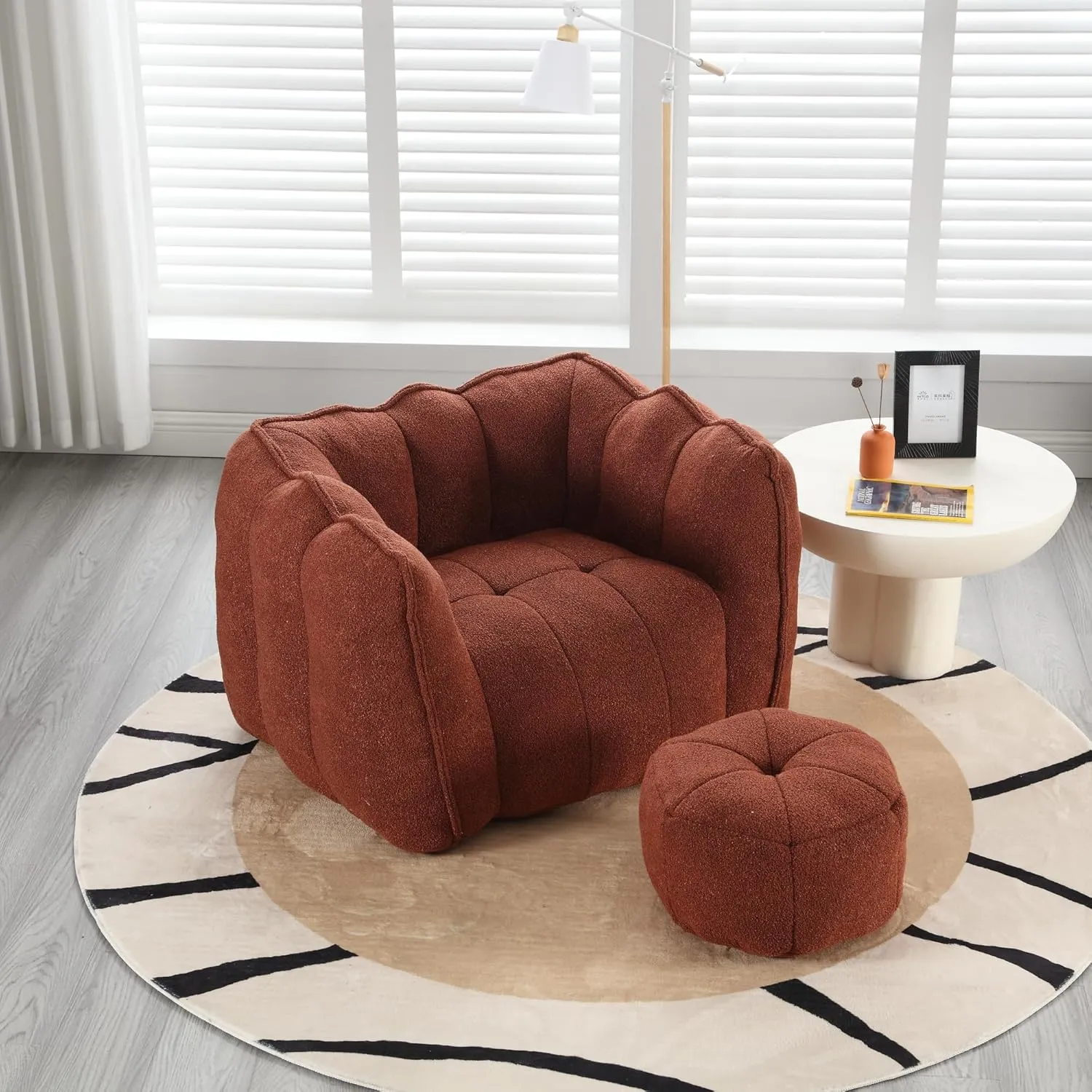 HMFULE Bean Bag Chairs with Ottoman, Bean Bag Couch for Adults, Bean Bag Sofa with High Resilient Foam, Modern Lazy Sofa Chair with Armrests for Living Room, Bedroom, Apartment Reddish Brown