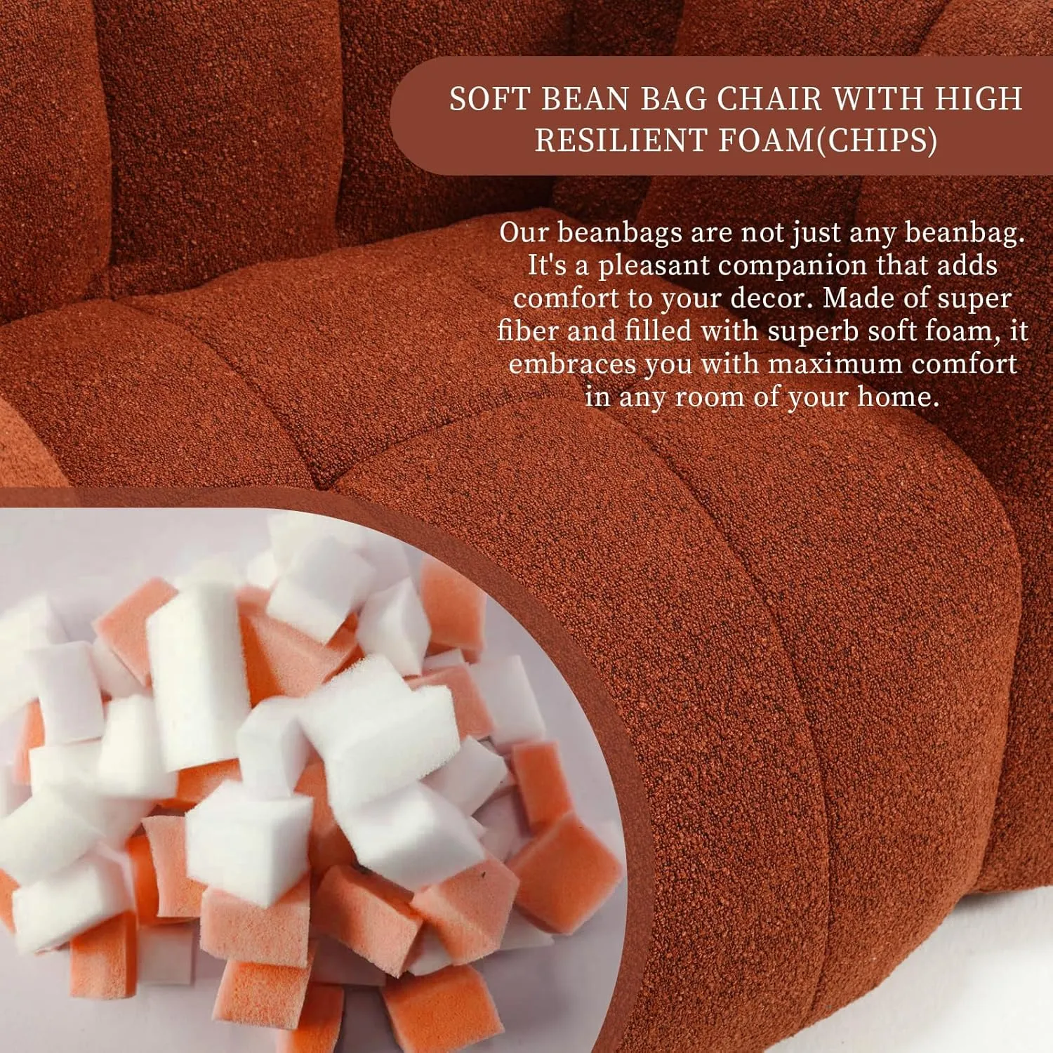 HMFULE Bean Bag Chairs with Ottoman, Bean Bag Couch for Adults, Bean Bag Sofa with High Resilient Foam, Modern Lazy Sofa Chair with Armrests for Living Room, Bedroom, Apartment Reddish Brown