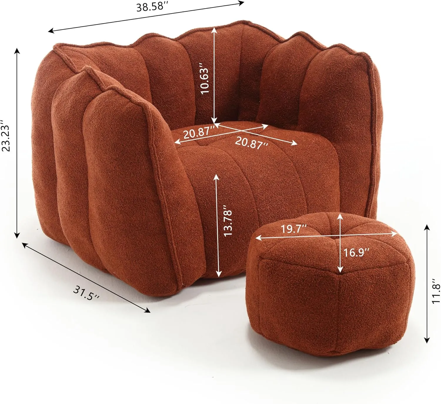 HMFULE Bean Bag Chairs with Ottoman, Bean Bag Couch for Adults, Bean Bag Sofa with High Resilient Foam, Modern Lazy Sofa Chair with Armrests for Living Room, Bedroom, Apartment Reddish Brown