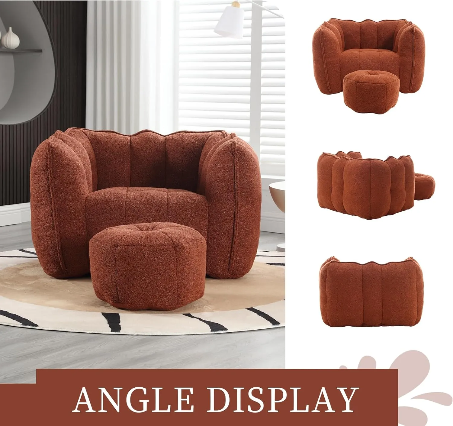 HMFULE Bean Bag Chairs with Ottoman, Bean Bag Couch for Adults, Bean Bag Sofa with High Resilient Foam, Modern Lazy Sofa Chair with Armrests for Living Room, Bedroom, Apartment Reddish Brown