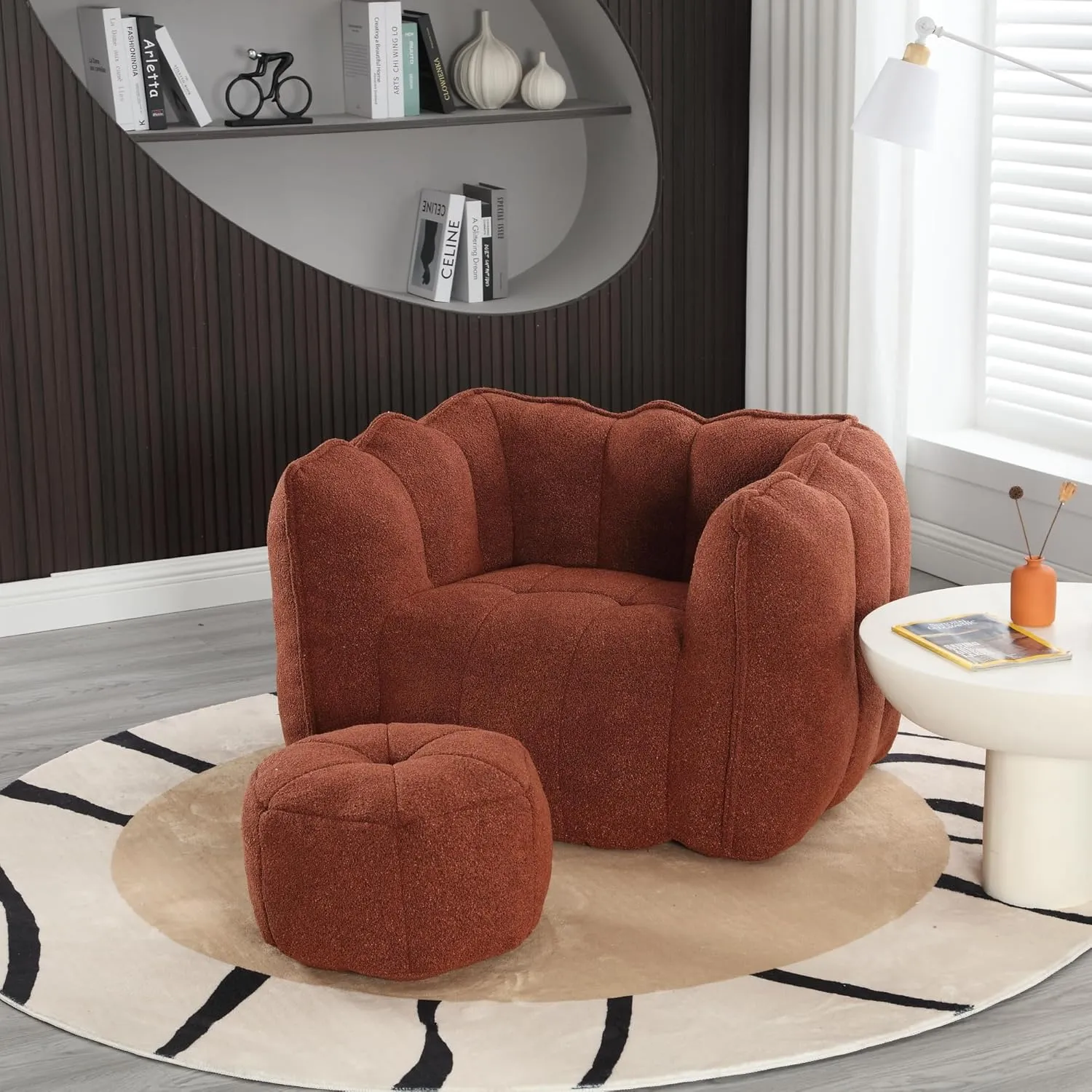 HMFULE Bean Bag Chairs with Ottoman, Bean Bag Couch for Adults, Bean Bag Sofa with High Resilient Foam, Modern Lazy Sofa Chair with Armrests for Living Room, Bedroom, Apartment Reddish Brown