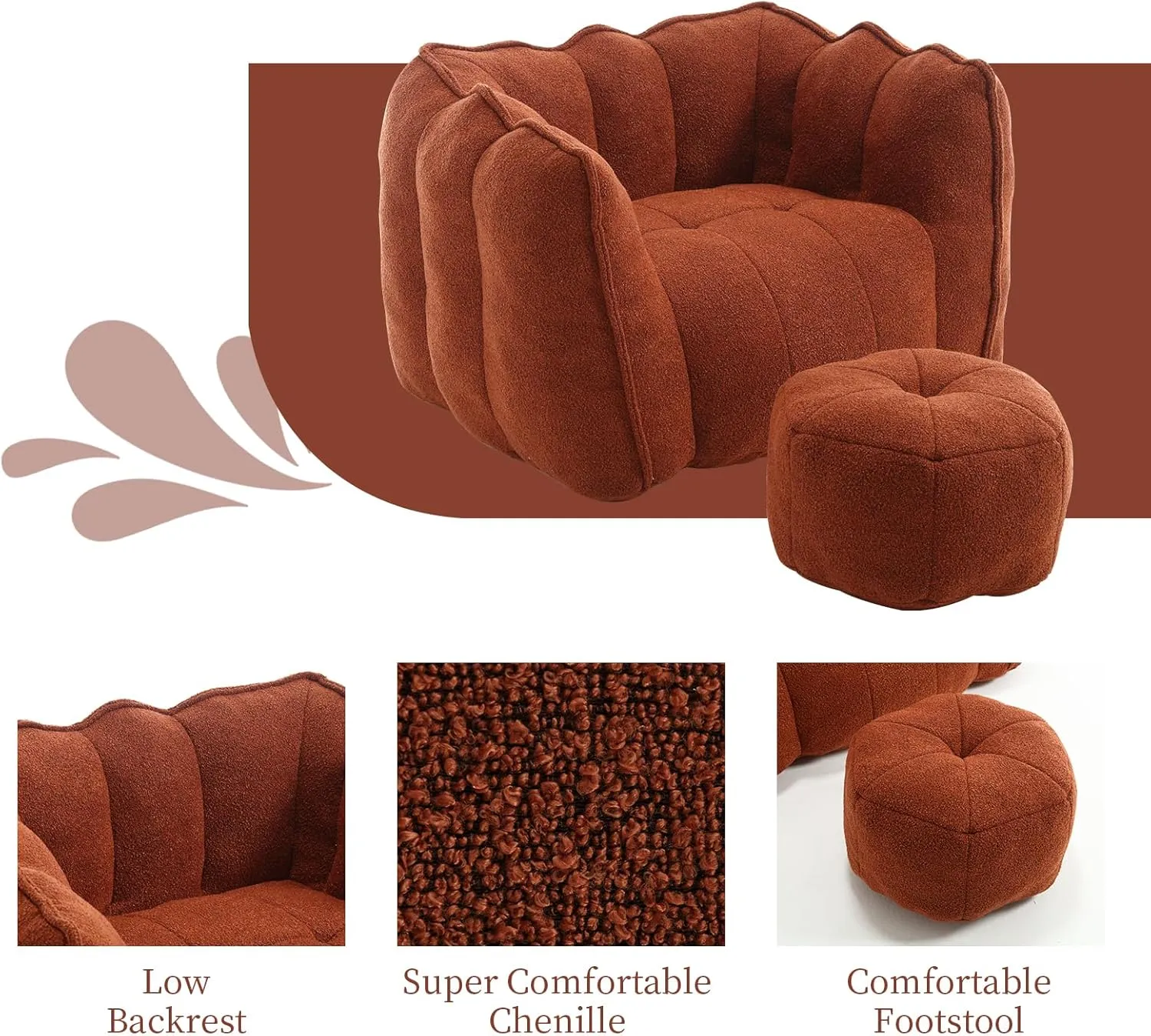 HMFULE Bean Bag Chairs with Ottoman, Bean Bag Couch for Adults, Bean Bag Sofa with High Resilient Foam, Modern Lazy Sofa Chair with Armrests for Living Room, Bedroom, Apartment Reddish Brown