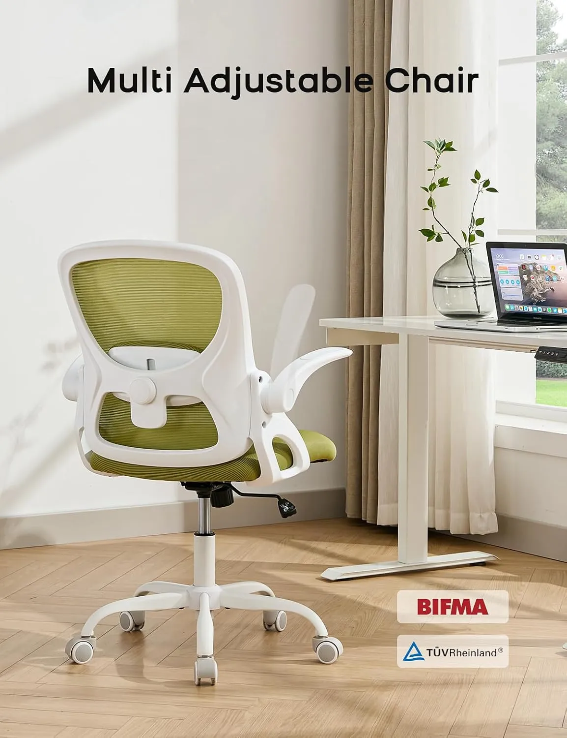 Home Office Chair，Ergonomic Mesh Desk Chair with Adjustable Lumbar Support, Flip-up Arm Rocking Swivel, Mid-Back Comfy Computer Chair (White-Green)