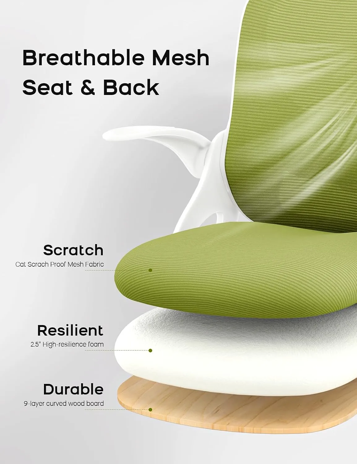Home Office Chair，Ergonomic Mesh Desk Chair with Adjustable Lumbar Support, Flip-up Arm Rocking Swivel, Mid-Back Comfy Computer Chair (White-Green)