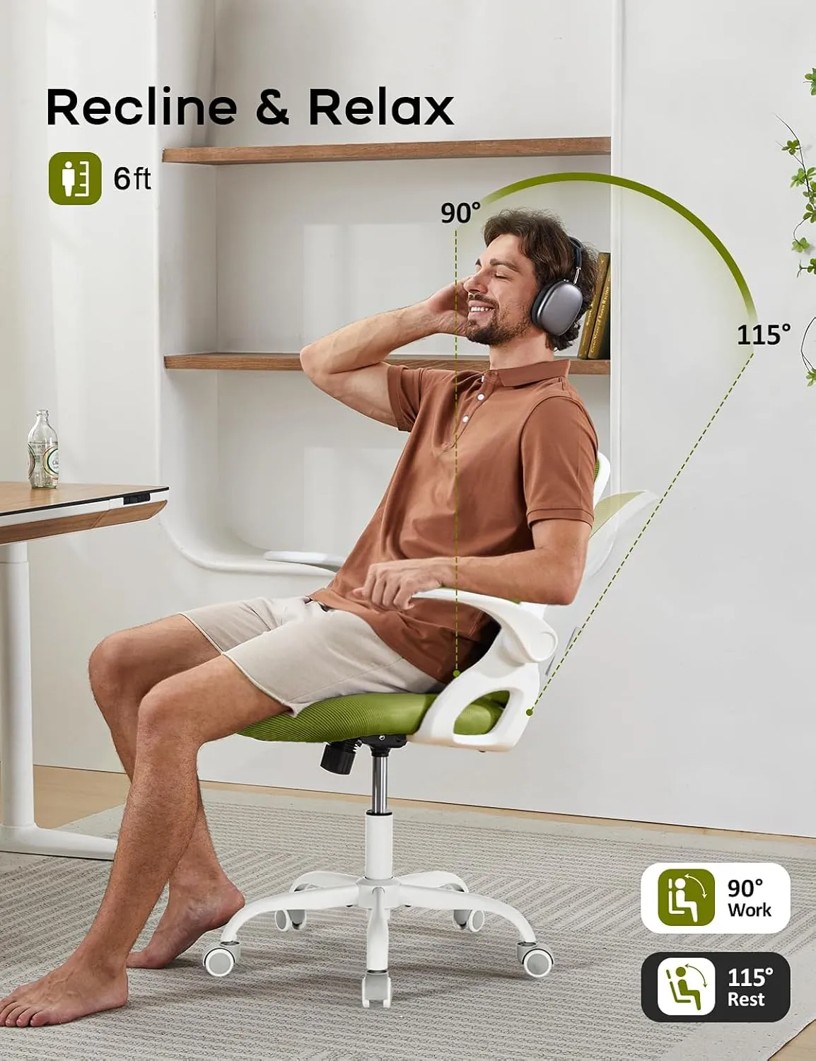 Home Office Chair，Ergonomic Mesh Desk Chair with Adjustable Lumbar Support, Flip-up Arm Rocking Swivel, Mid-Back Comfy Computer Chair (White-Green)
