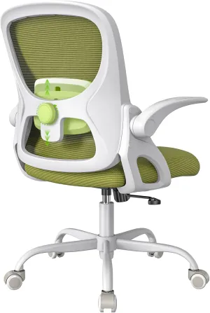 Home Office Chair，Ergonomic Mesh Desk Chair with Adjustable Lumbar Support, Flip-up Arm Rocking Swivel, Mid-Back Comfy Computer Chair (White-Green)