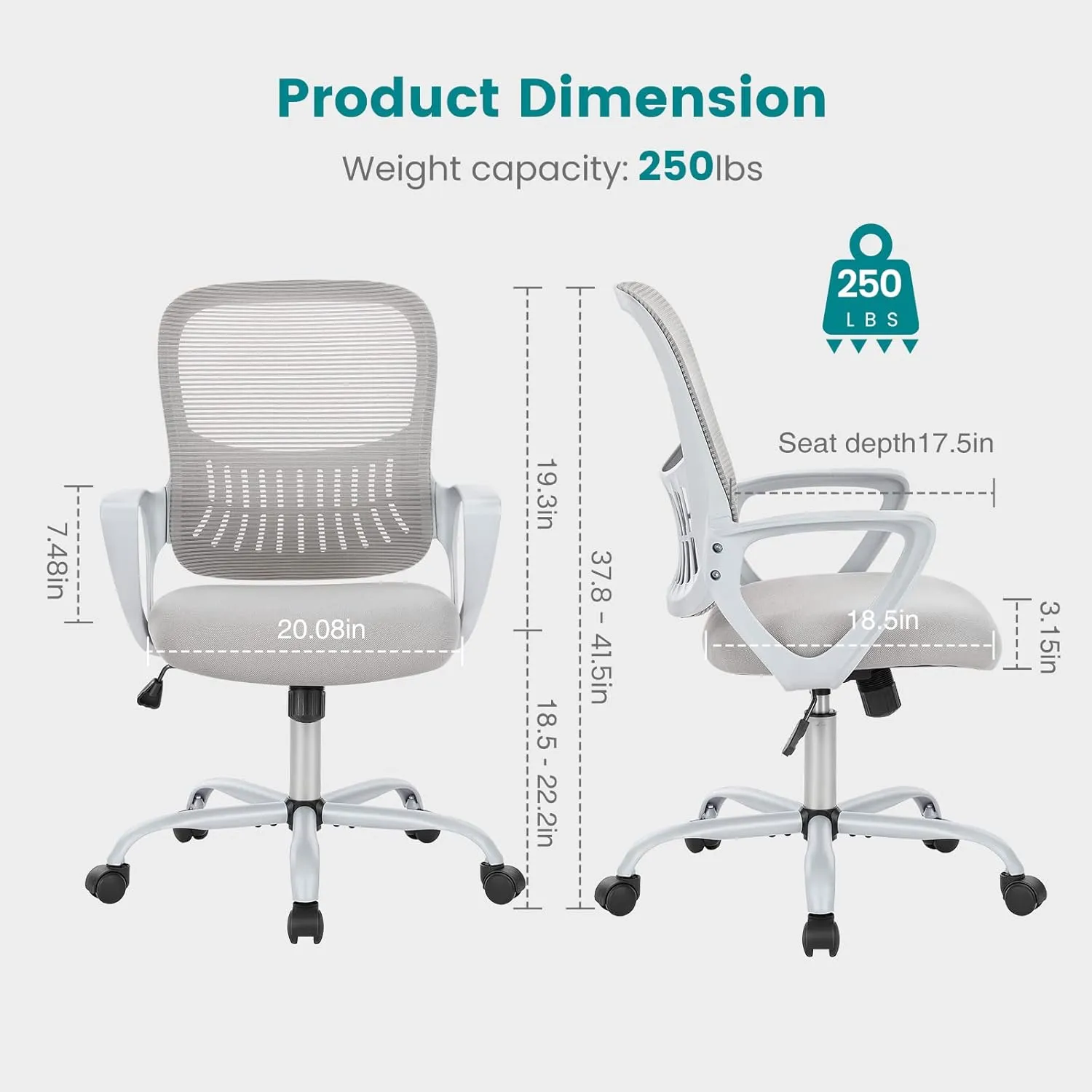 Home Office Computer Desk Chair, Ergonomic Mid-Back Mesh Swivel Rolling Work with Wheels, Comfortable Lumbar Support, Comfy Arms, Bedroom, Study, Dorm, Student, Adults