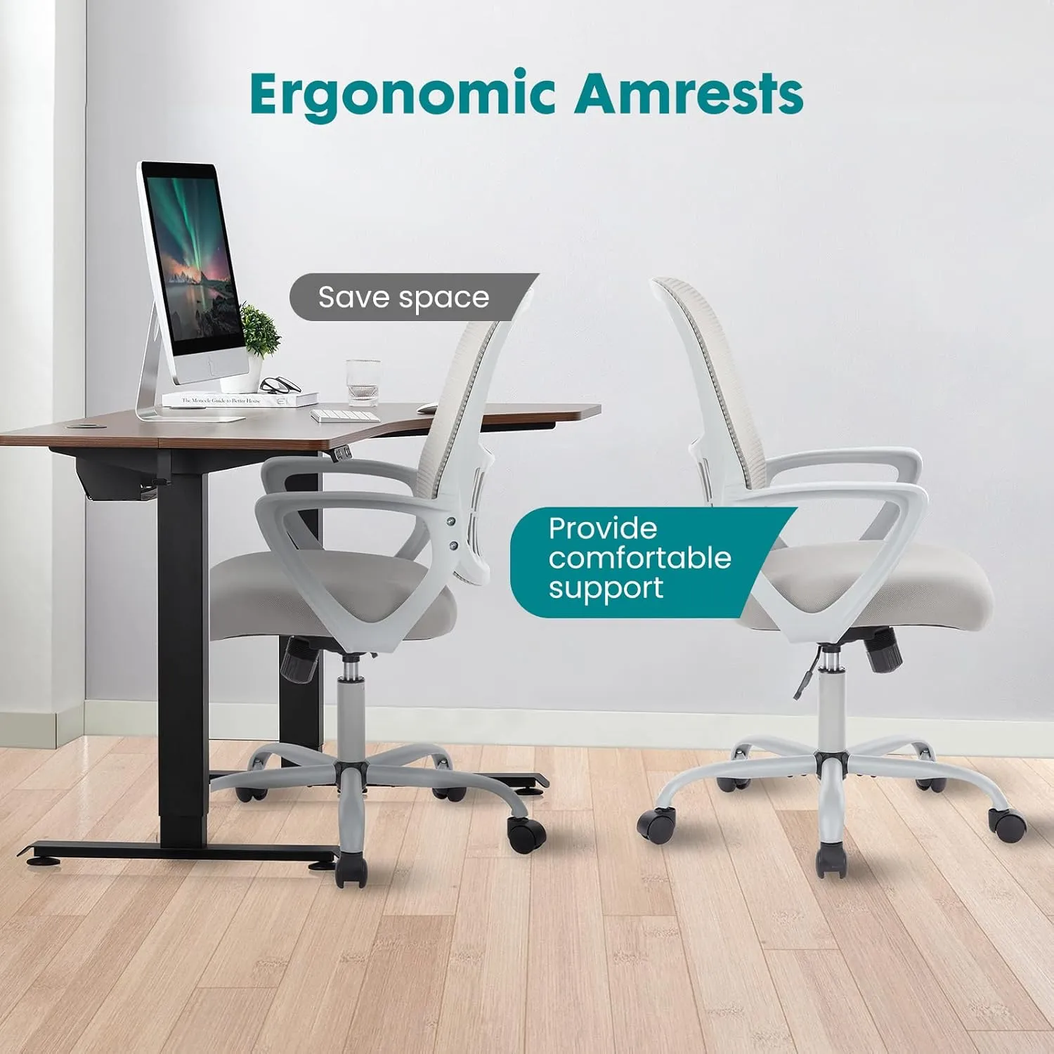 Home Office Computer Desk Chair, Ergonomic Mid-Back Mesh Swivel Rolling Work with Wheels, Comfortable Lumbar Support, Comfy Arms, Bedroom, Study, Dorm, Student, Adults