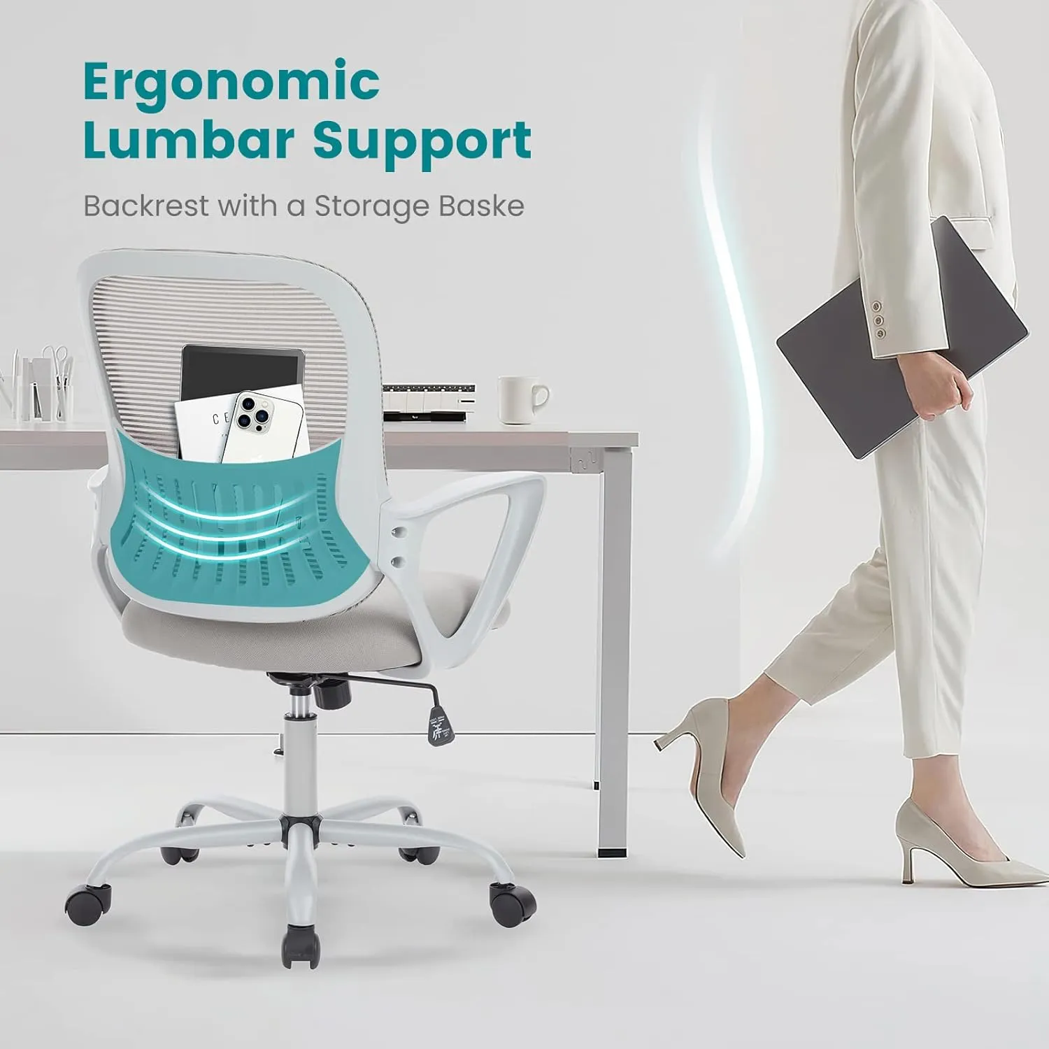 Home Office Computer Desk Chair, Ergonomic Mid-Back Mesh Swivel Rolling Work with Wheels, Comfortable Lumbar Support, Comfy Arms, Bedroom, Study, Dorm, Student, Adults