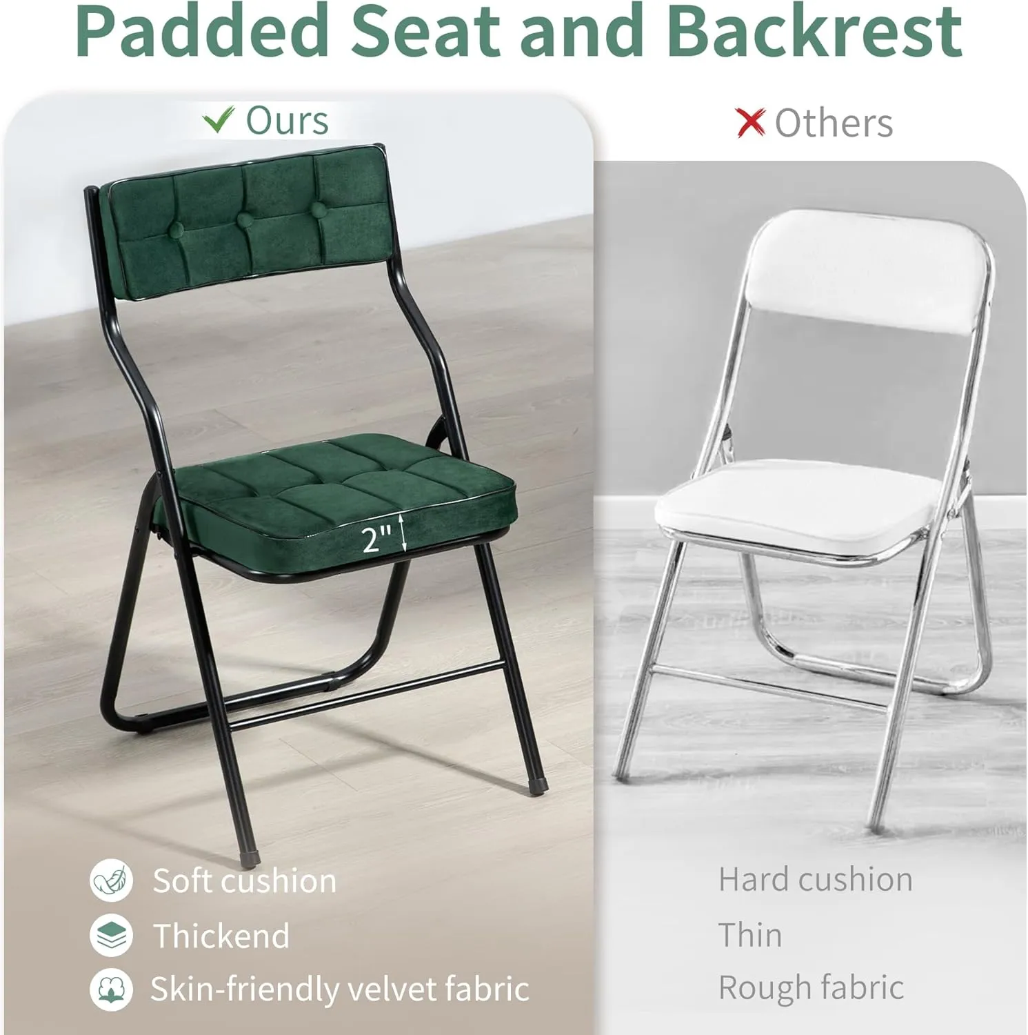 HOMEFUN Padded Folding Chairs 4 Pack - Foldable Dining Chair with Cushion, Portable and Assembled Extra Seat for Guests Kitchen Office Wedding Party Green