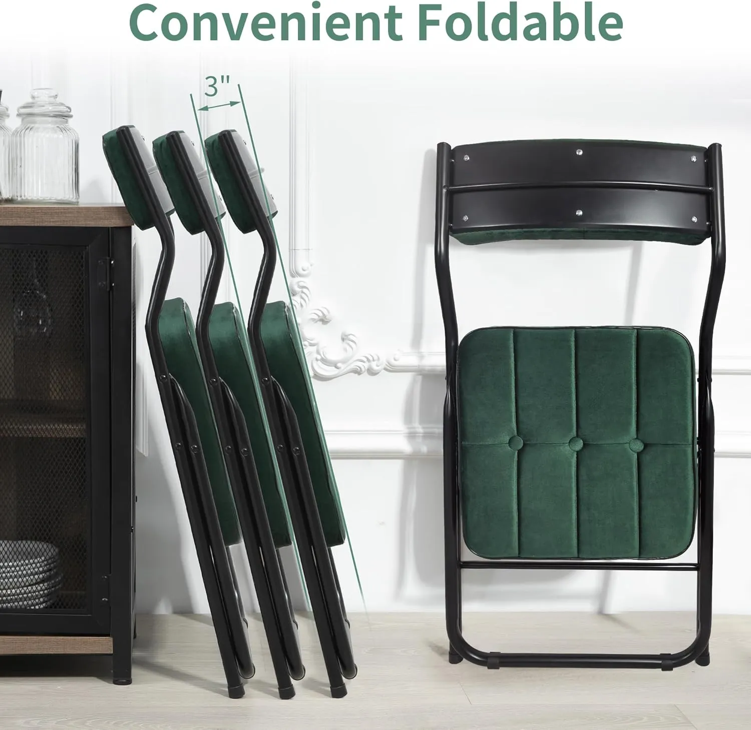 HOMEFUN Padded Folding Chairs 4 Pack - Foldable Dining Chair with Cushion, Portable and Assembled Extra Seat for Guests Kitchen Office Wedding Party Green