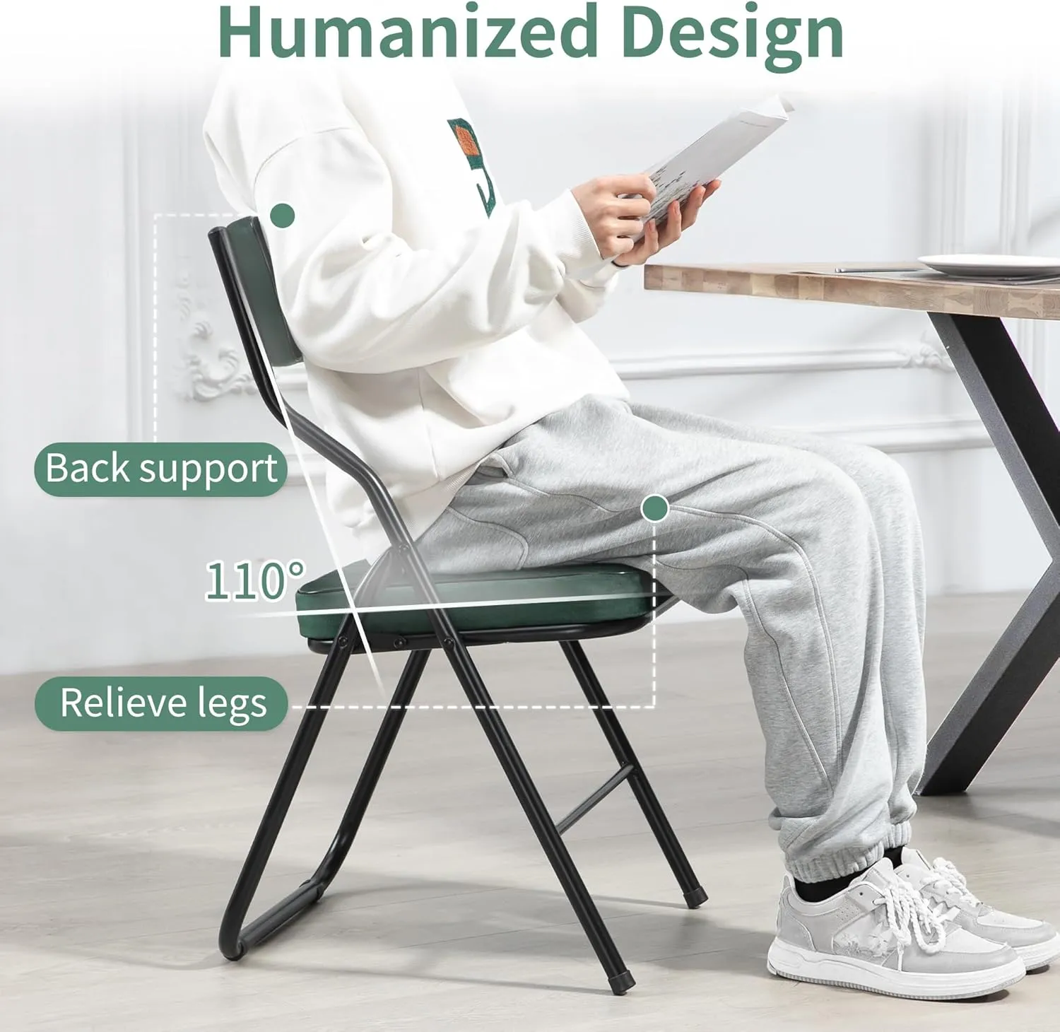 HOMEFUN Padded Folding Chairs 4 Pack - Foldable Dining Chair with Cushion, Portable and Assembled Extra Seat for Guests Kitchen Office Wedding Party Green