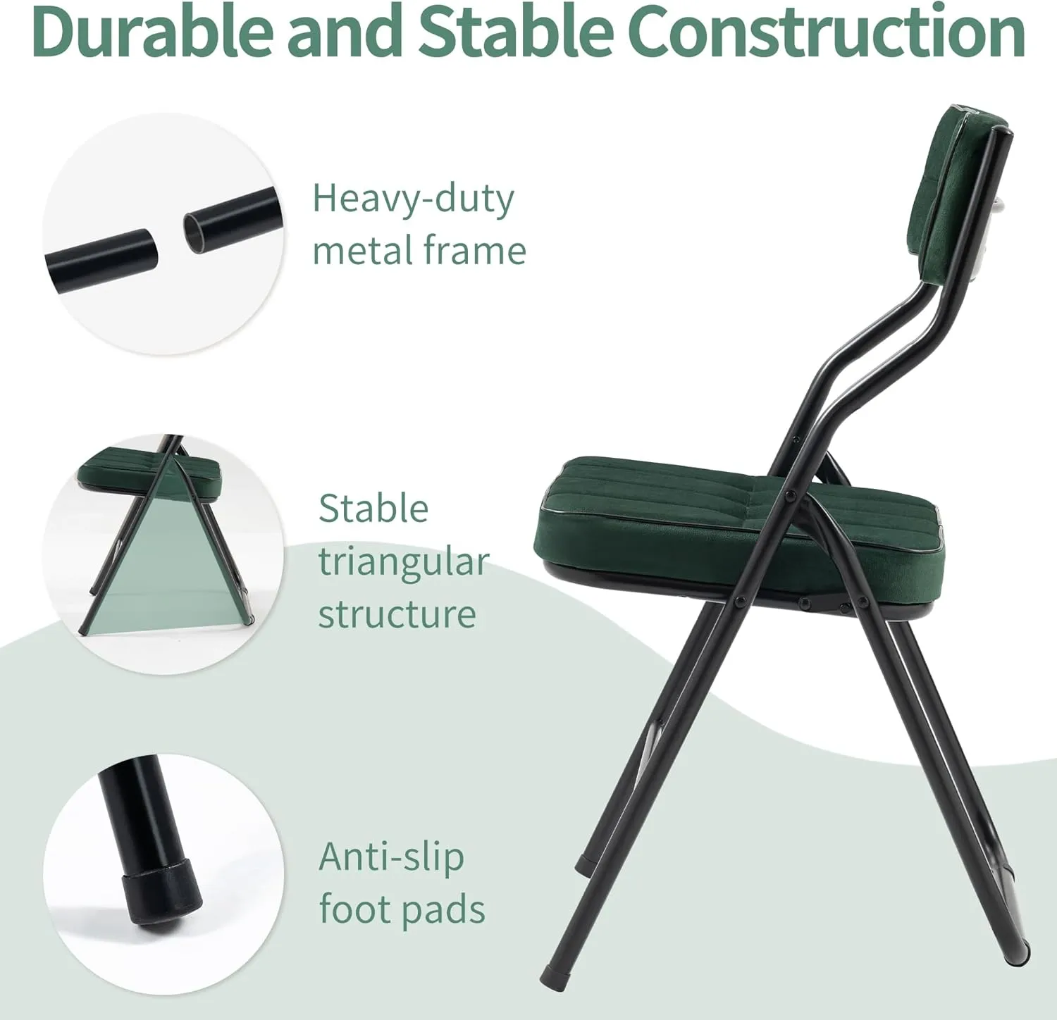 HOMEFUN Padded Folding Chairs 4 Pack - Foldable Dining Chair with Cushion, Portable and Assembled Extra Seat for Guests Kitchen Office Wedding Party Green