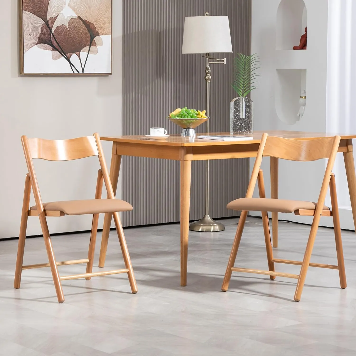 HOMEFUN Wooden Folding Chairs 2 Pack, Padded Folding Chairs with Wear-Resistant Faux Leather Cushion, Portable and Assembled Folding Dining Chair for Guests Kitchen Office Wedding and Party,Khaki