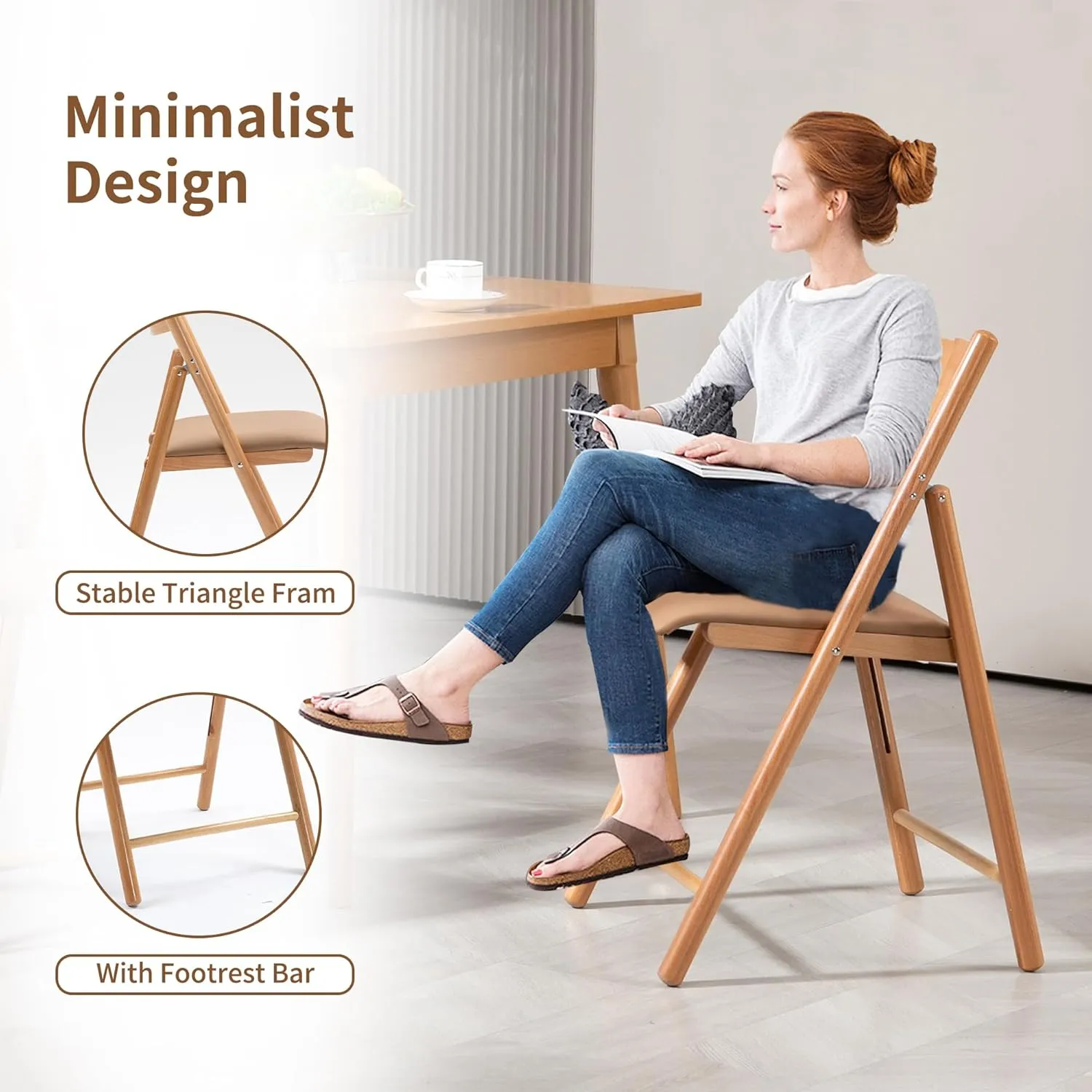 HOMEFUN Wooden Folding Chairs 2 Pack, Padded Folding Chairs with Wear-Resistant Faux Leather Cushion, Portable and Assembled Folding Dining Chair for Guests Kitchen Office Wedding and Party,Khaki