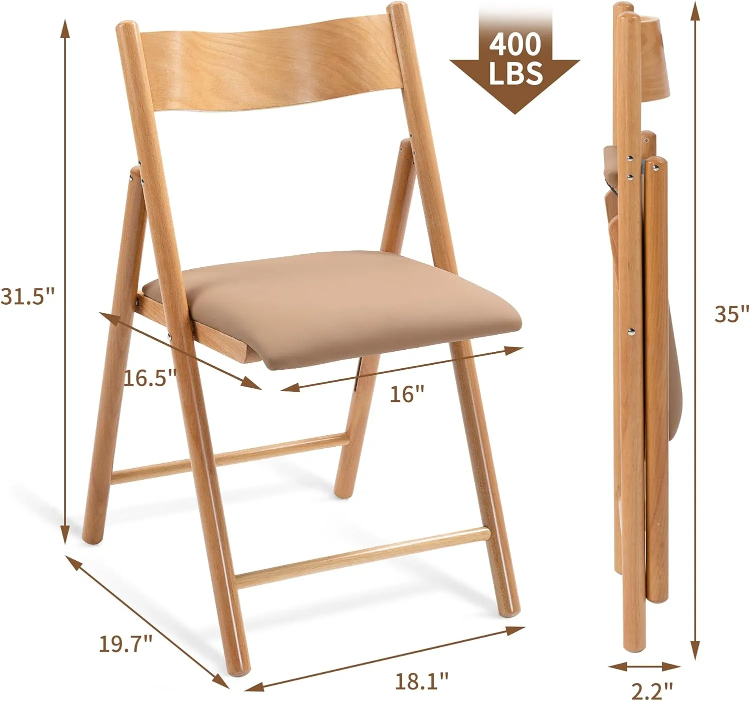HOMEFUN Wooden Folding Chairs 2 Pack, Padded Folding Chairs with Wear-Resistant Faux Leather Cushion, Portable and Assembled Folding Dining Chair for Guests Kitchen Office Wedding and Party,Khaki