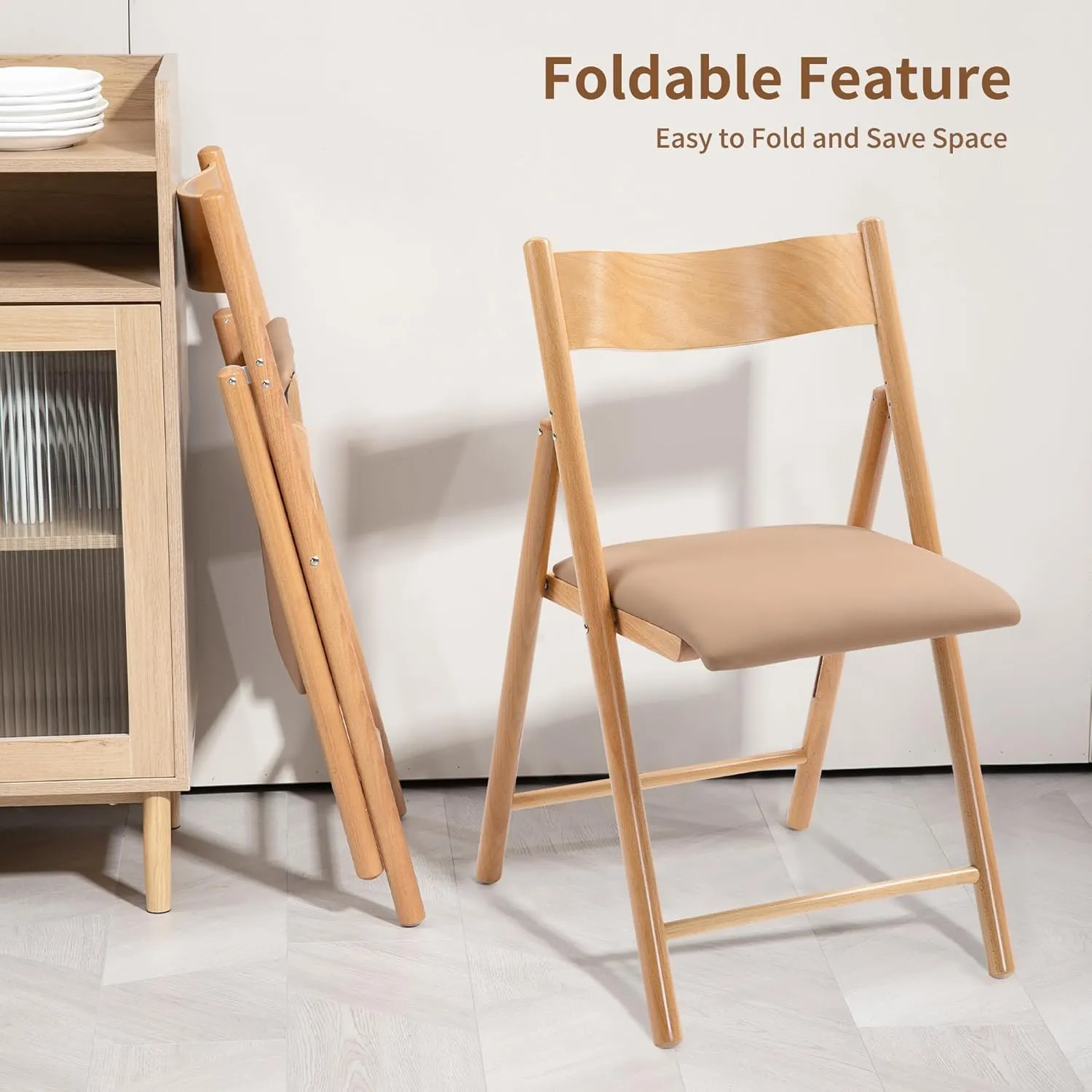 HOMEFUN Wooden Folding Chairs 2 Pack, Padded Folding Chairs with Wear-Resistant Faux Leather Cushion, Portable and Assembled Folding Dining Chair for Guests Kitchen Office Wedding and Party,Khaki