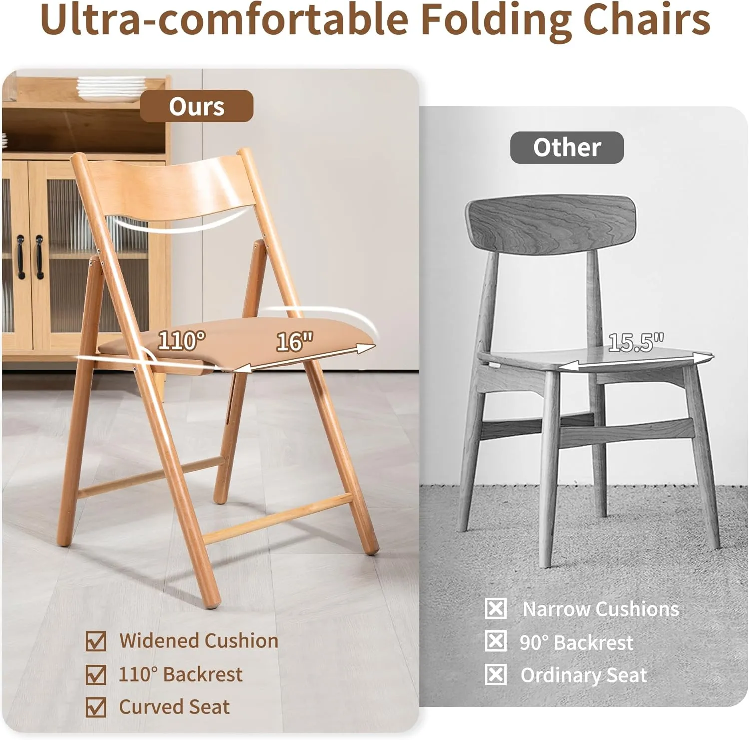 HOMEFUN Wooden Folding Chairs 2 Pack, Padded Folding Chairs with Wear-Resistant Faux Leather Cushion, Portable and Assembled Folding Dining Chair for Guests Kitchen Office Wedding and Party,Khaki