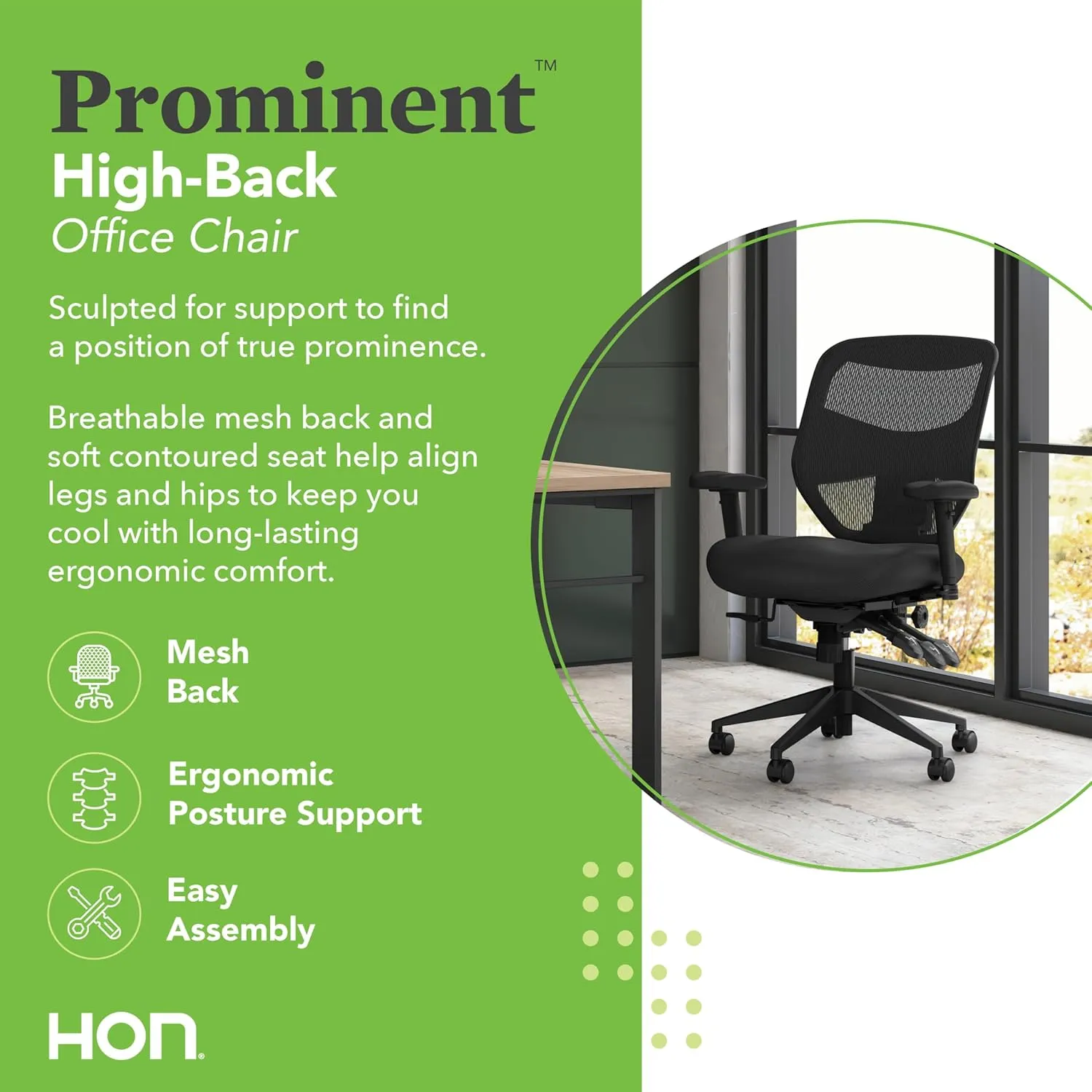 HON Prominent Task Chair, Ergonomic Office Chair with Adjustable Arms and Back Support, 360 Swivel, ASynchro-Tilt Recline, Black