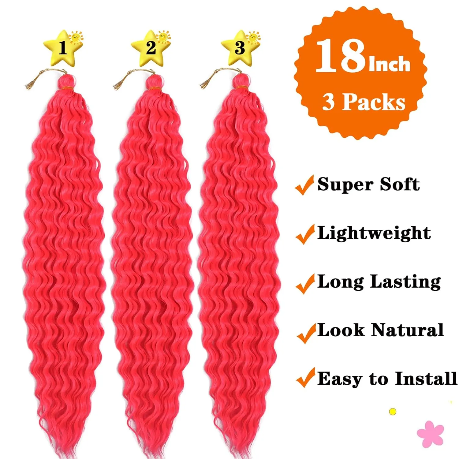 Hot Pink Curly Crochet Hair 18 Inch Deep Wave Braiding Hair for Women 3 Packs Ocean Wave Crochet Hair Pink Color Wet and Wavy Crochet Hair (18inch, Pink#)