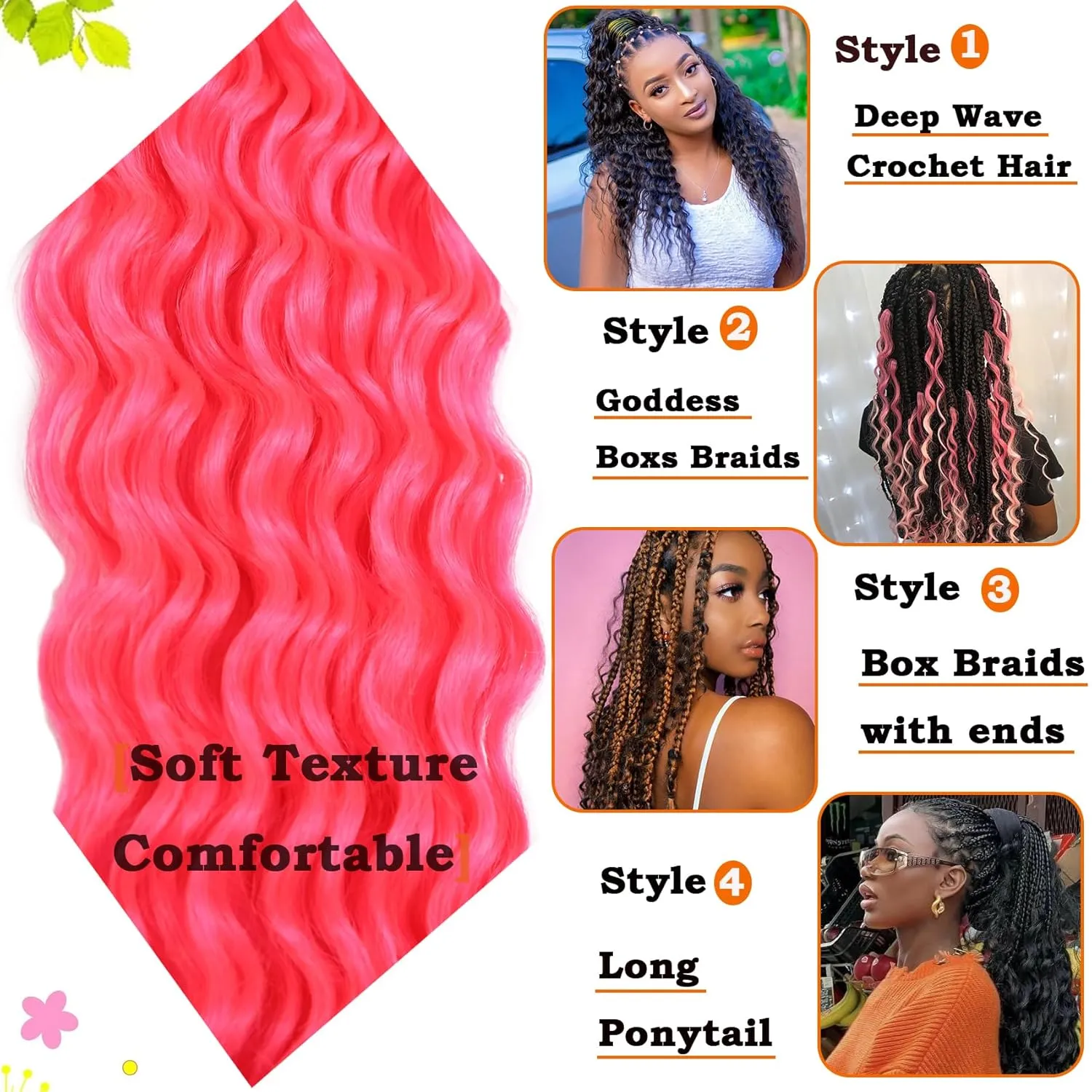 Hot Pink Curly Crochet Hair 18 Inch Deep Wave Braiding Hair for Women 3 Packs Ocean Wave Crochet Hair Pink Color Wet and Wavy Crochet Hair (18inch, Pink#)