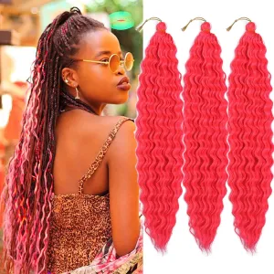 Hot Pink Curly Crochet Hair 18 Inch Deep Wave Braiding Hair for Women 3 Packs Ocean Wave Crochet Hair Pink Color Wet and Wavy Crochet Hair (18inch, Pink#)