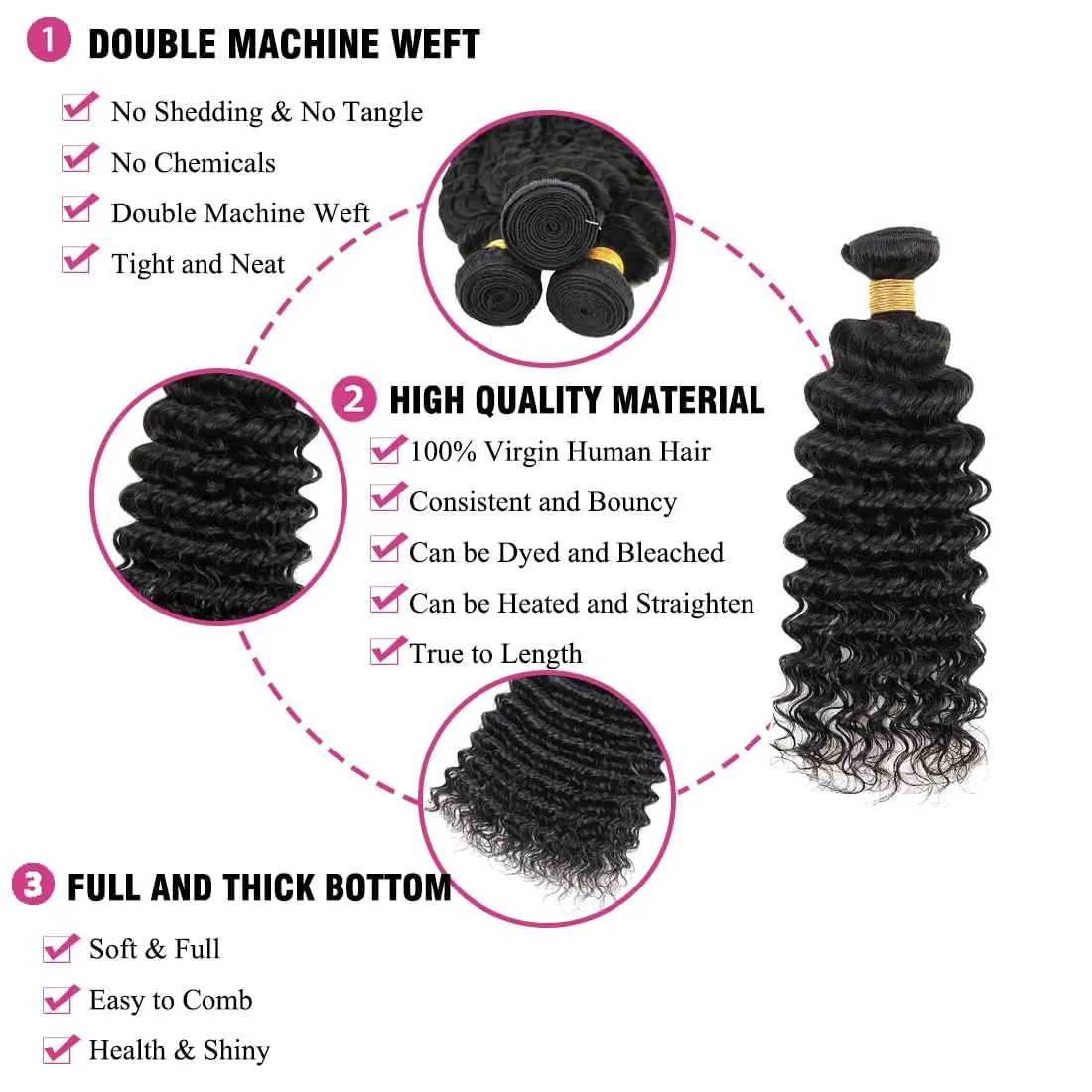 Human Hair Bundles Natural Black Color Deep Wave Brazilian Unprocessed Virgin Human Hair Quick Weave Extensions (26 28 30 Inch Natural Deep Wave)