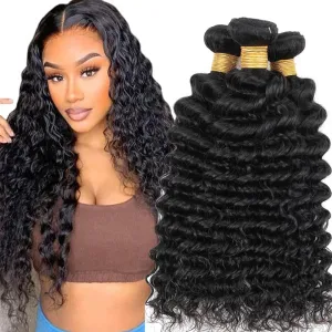 Human Hair Bundles Natural Black Color Deep Wave Brazilian Unprocessed Virgin Human Hair Quick Weave Extensions (26 28 30 Inch Natural Deep Wave)