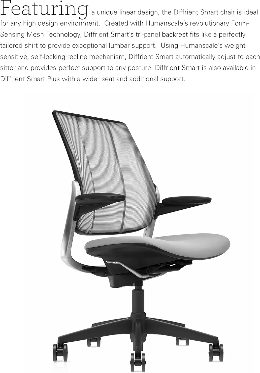 Humanscale Diffrient Smart Office Desk Chair - S413 Advanced Height Adjustable Duron Arms - Black Frame Monofilament Stripe Black Mesh Back - Black Corde4 Fabric - Standard Carpet Casters