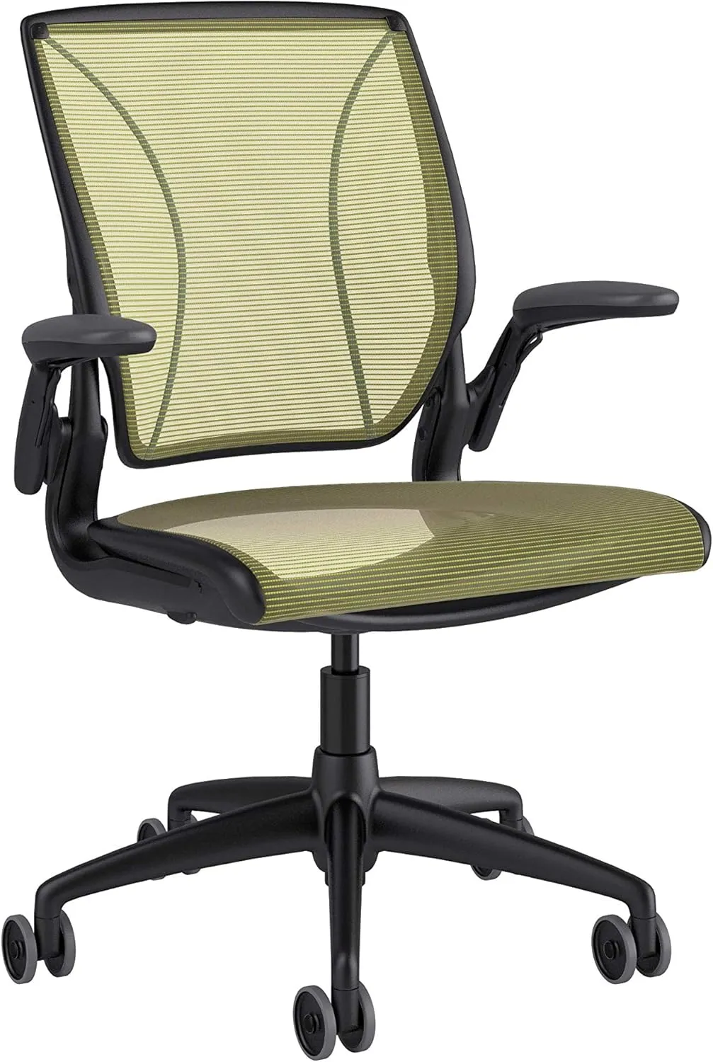 Humanscale Diffrient World Office Task Desk Chair - Adjustable Duron Arms - Black Frame Citron Pinstripe Back and Seat Mesh W11BN43N43 - Carpet Casters