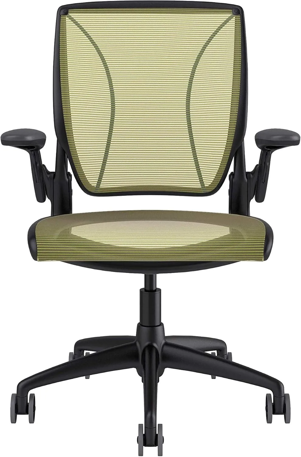 Humanscale Diffrient World Office Task Desk Chair - Adjustable Duron Arms - Black Frame Citron Pinstripe Back and Seat Mesh W11BN43N43 - Carpet Casters