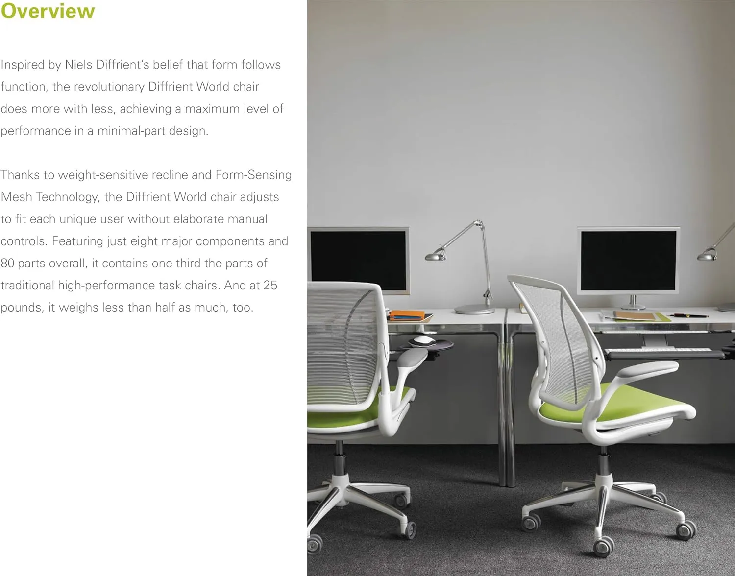 Humanscale Diffrient World Office Task Desk Chair - Adjustable Duron Arms - Black Frame Citron Pinstripe Back and Seat Mesh W11BN43N43 - Carpet Casters