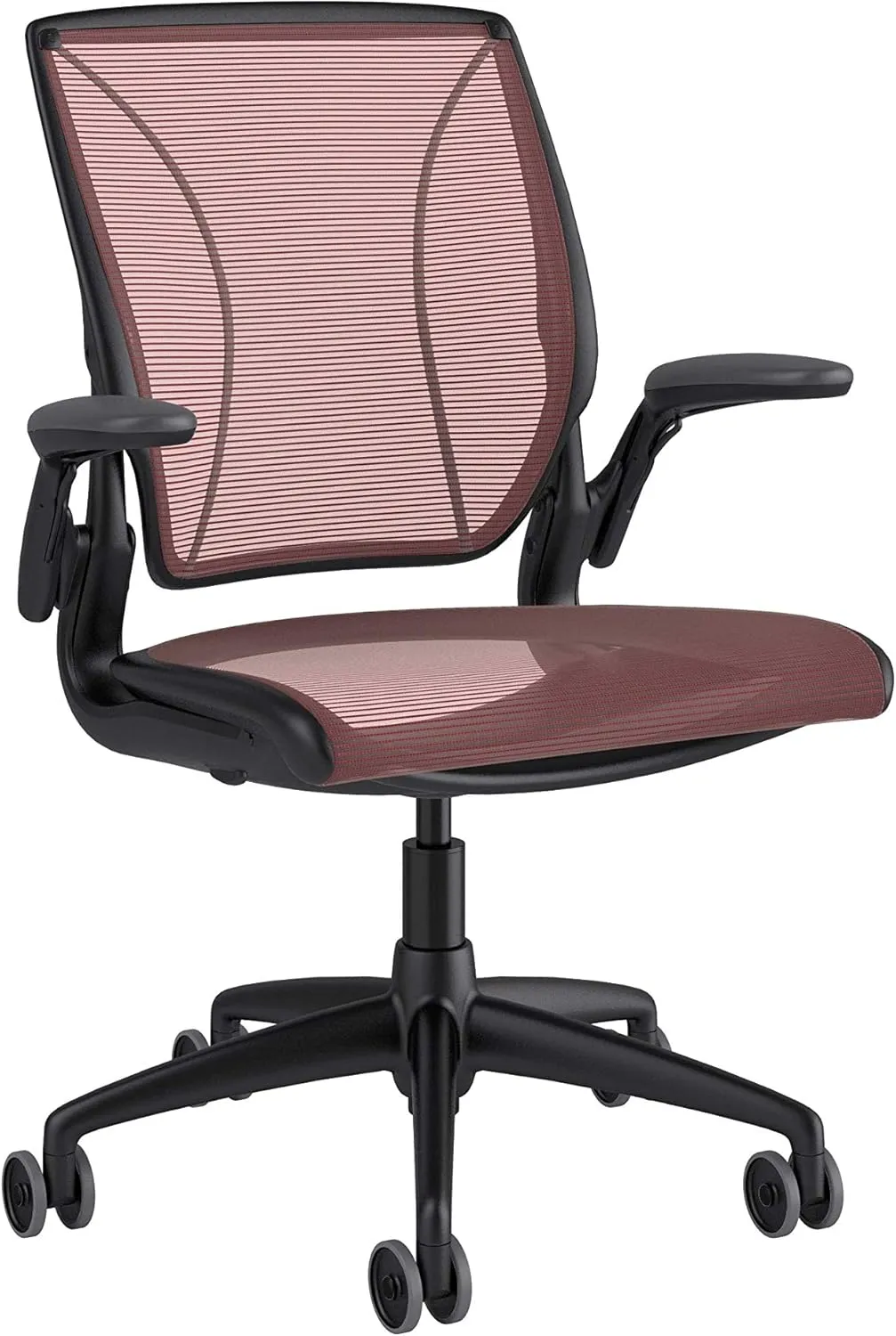 Humanscale Diffrient World Office Task Desk Chair - Adjustable Duron Arms - Black Frame Crimson Pinstripe Back and Seat Mesh W11BN74N74 - Carpet Casters