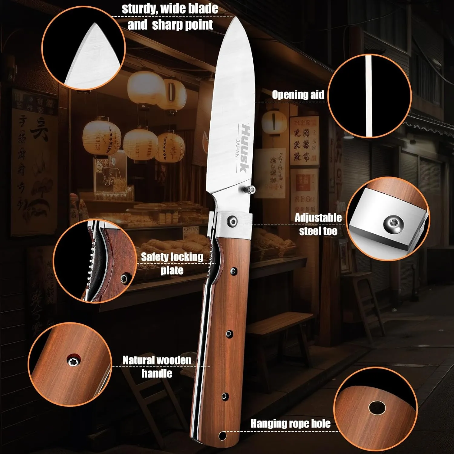 Huusk Folding Chef Pocket Knife - Japanese Santoku Knives, edc Kitchen Knives with 440C Stainless Steel Ultra Sharp Blade, Portable Meat Knives for Vegetable, Gifts for Men