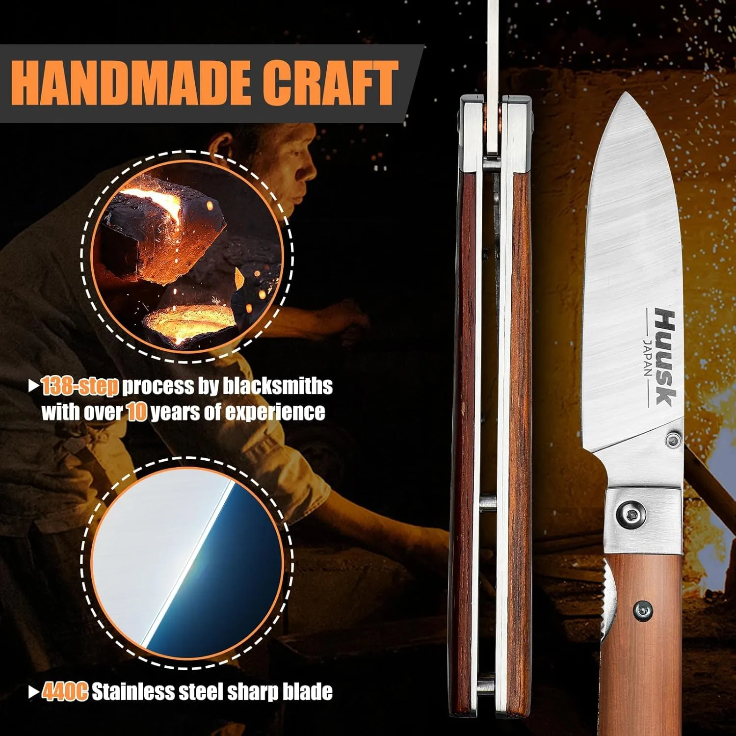 Huusk Folding Chef Pocket Knife - Japanese Santoku Knives, edc Kitchen Knives with 440C Stainless Steel Ultra Sharp Blade, Portable Meat Knives for Vegetable, Gifts for Men