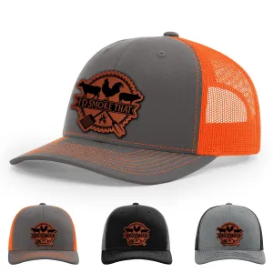 I'd Smoke That, Smoke, Rooster, Cow, Pig, Farmlife, Grill, BBQ Hat, 112 Style Trucker Leather Patch Hat for Men & Women, 6 Panel Baseball Cap with Snapback Enclosure
