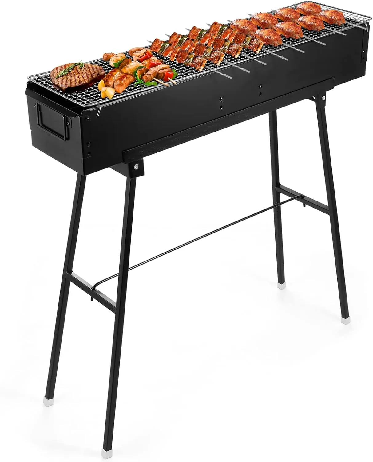 IRONWALLS Portable Charcoal Grill 32 Inch, Black Folding Stainless Steel Barbecue Grill for Outdoor Cooking, Large Lamb Skewer Grill for Patio, Party, Picnic, Travel, Camping, Home & Commercial Use